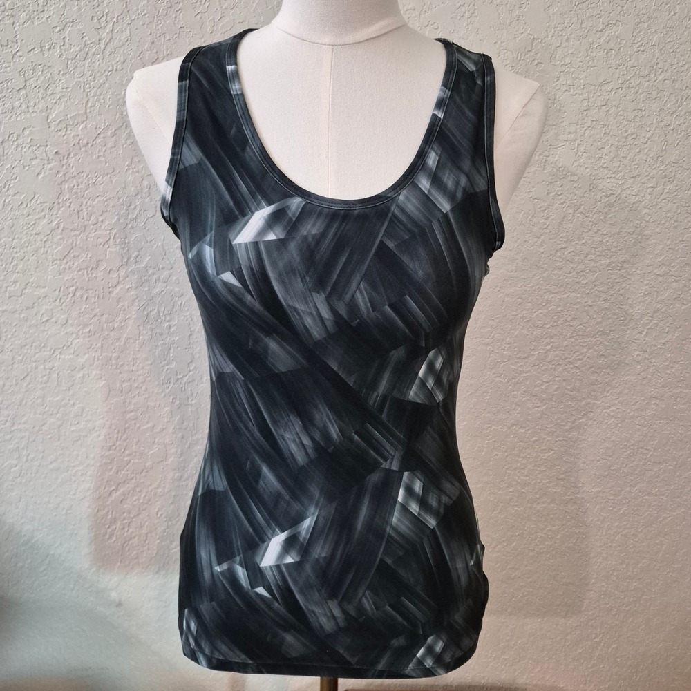MPG Geometric Print Keyhole Back Ruched Tank Top S Black White Sporty Athleisure